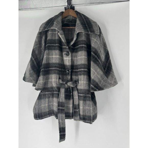 NWOT Talbots  L/XL Grey plaid wool blend Poncho Winter Overcoat Belted Buttons - Picture 2 of 10